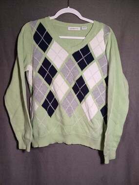 Liz Claiborne Argyle Sweater Women's Large Lime Green V Neck Preppy Knit